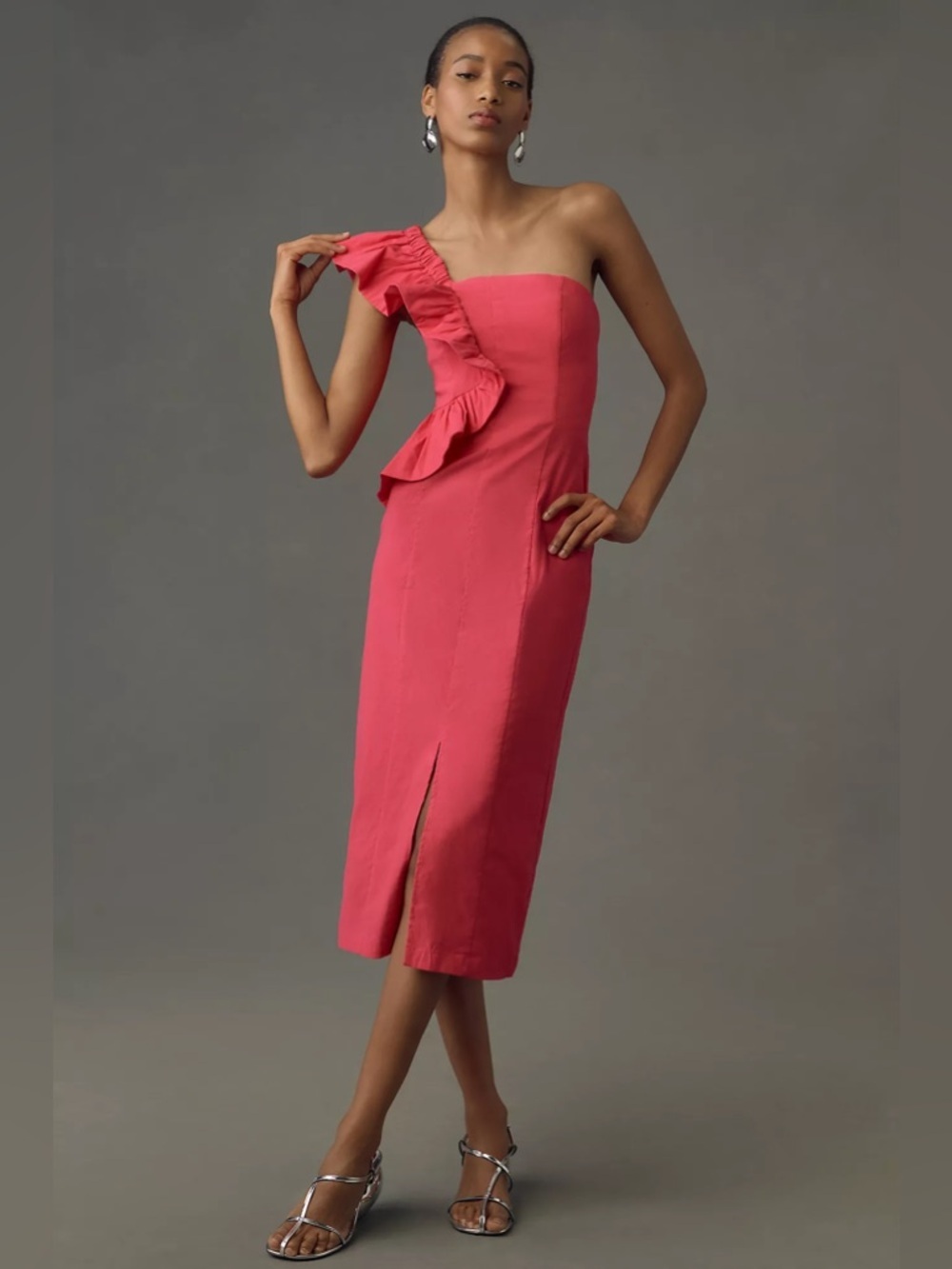 ANTHROPOLOGIE One-Shoulder Ruffle Linen Column Midi Dress